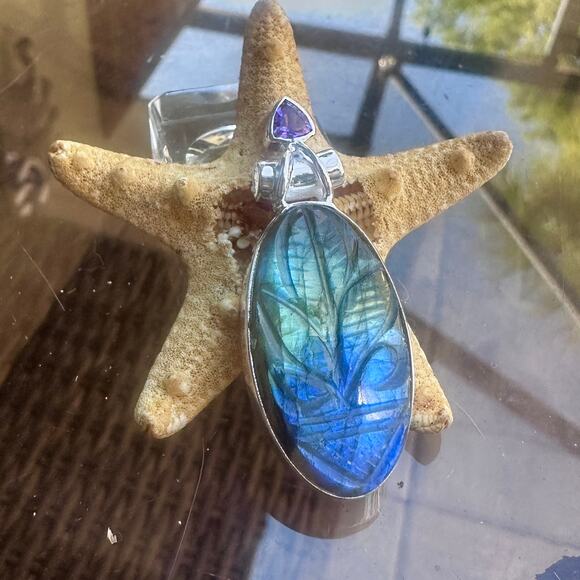 Natural Carving Labradorite & Amethyst 925 Silver Pendant - Picture 1 of 8